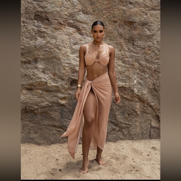 NEW JLUXLABEL Tan Uncharted Waters Mesh Sarong Maxi Hem Skirt - Picture 1 of 11